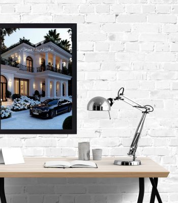 تابلو بکلایت لاکچری ویلای سفید مدرن با خودروی سوپراسپرت در فضای شبانه
