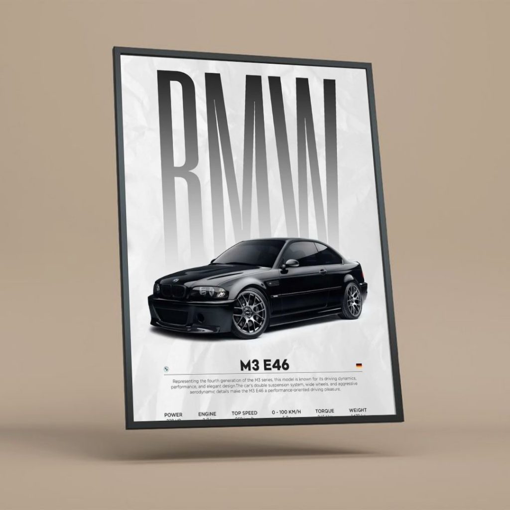 تابلو دکوراتیو BMW M3 E46 مشکی با طراحی مینیمال مناسب دکوراسیون مدرن